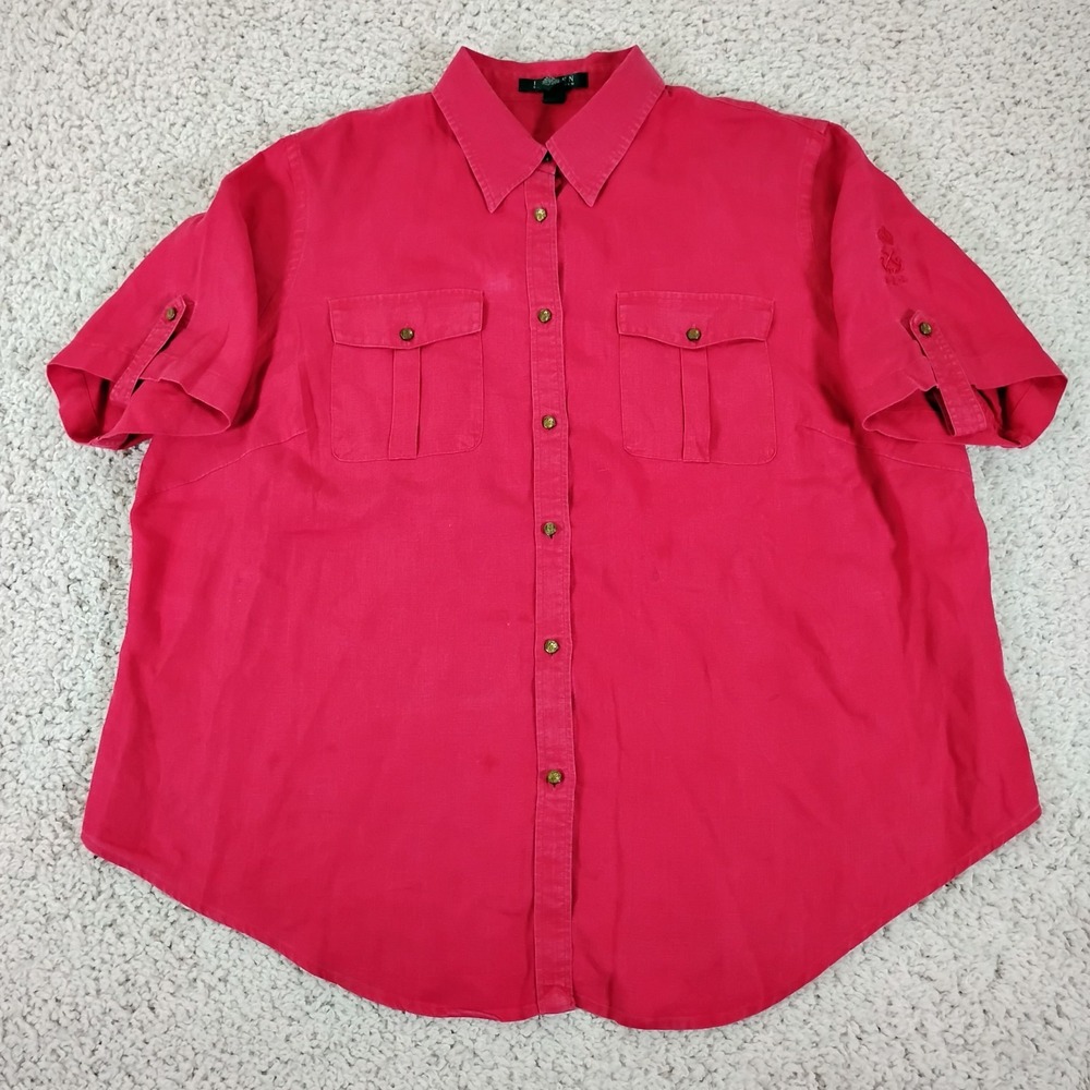 Lauren Ralph Lauren Top Womens 1X Plus Red Linen Gold Button Pockets Embroidered